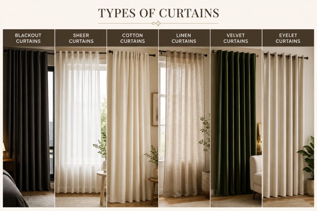 Types of curtains and colours.